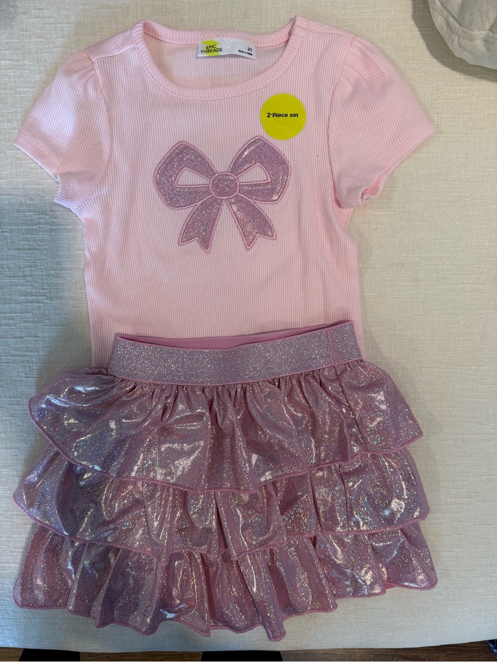 Epic Threads Pink Glitter Bow Tee & Ruffle Skirt Set